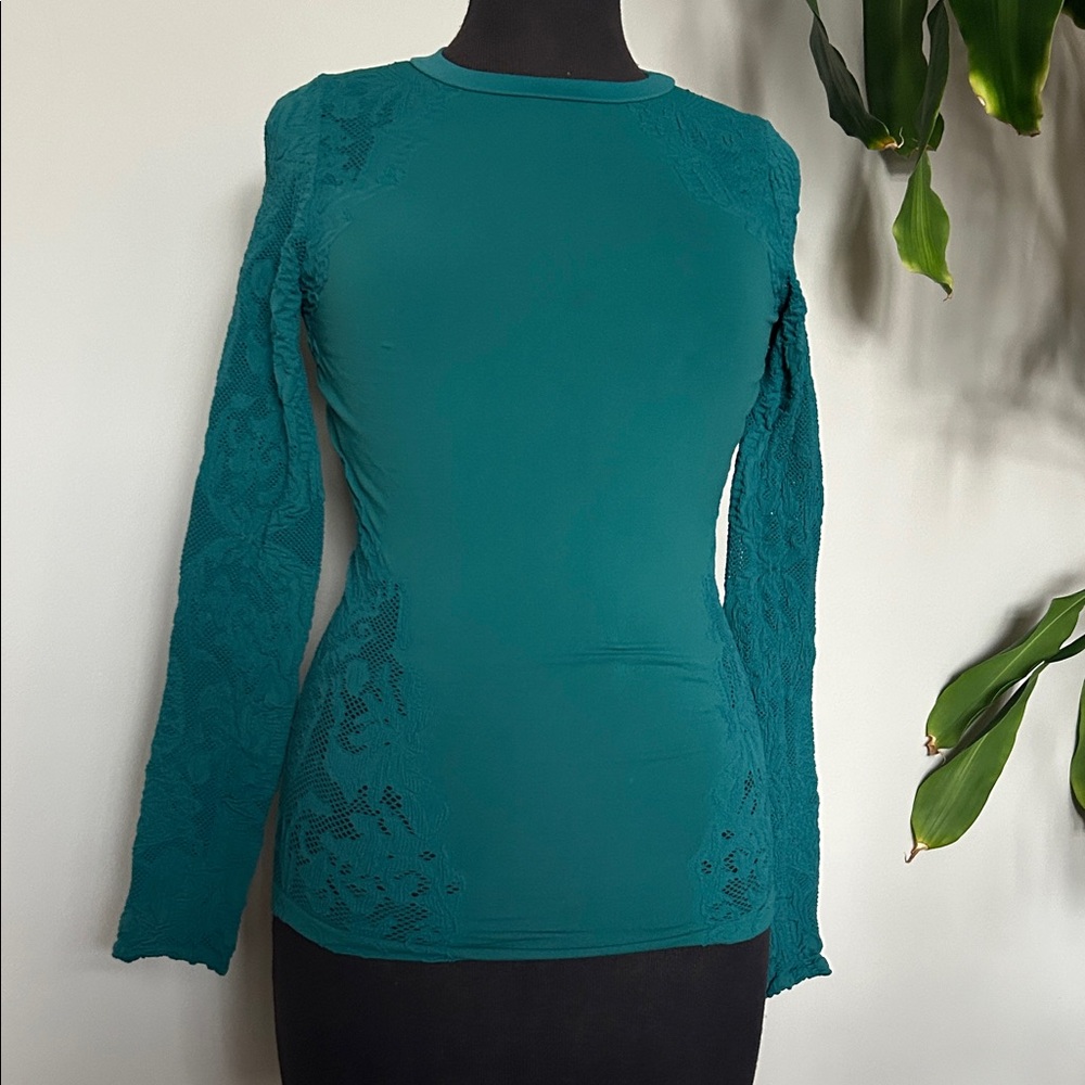 Free People No Excuses Teal Lace Long Sleeve Top